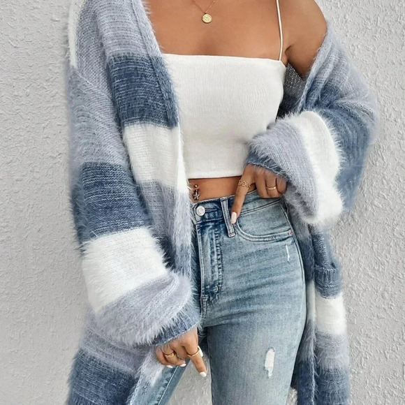 Multicolor Casual Women's Colorblock Drop Shoulder Fluffy Knit Duster Cardigan - Picture 6 of 7